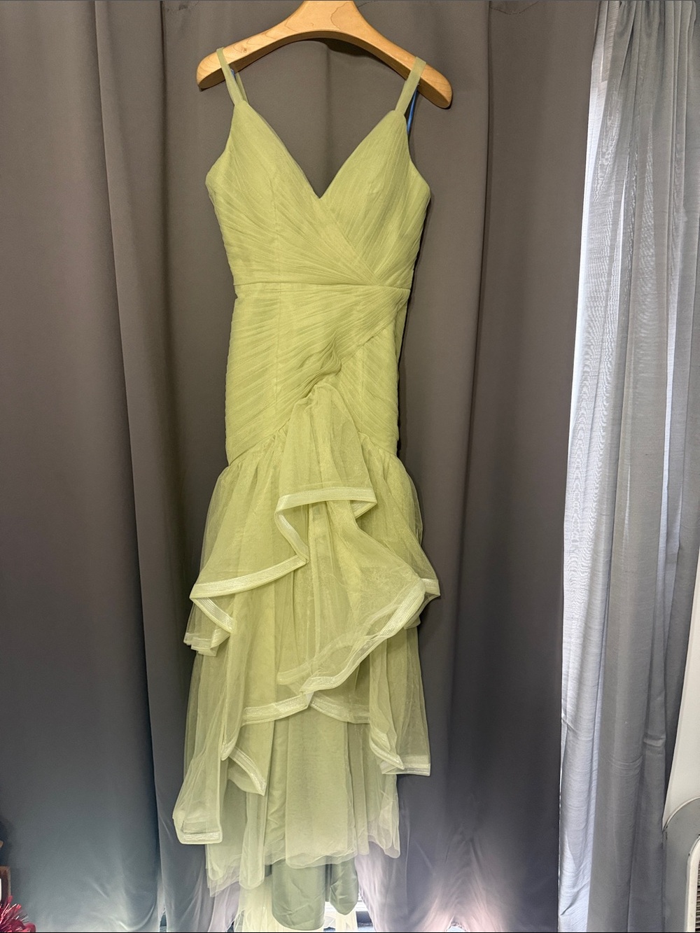 Sage Green Ruffle-Detail High-Low Evening Dress